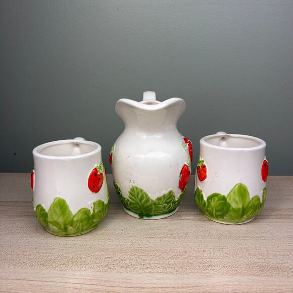 Vintage Strawberry Mugs & Pitcher Set Cottagecore Home Decor Decorative Use Only - Picture 3 of 10